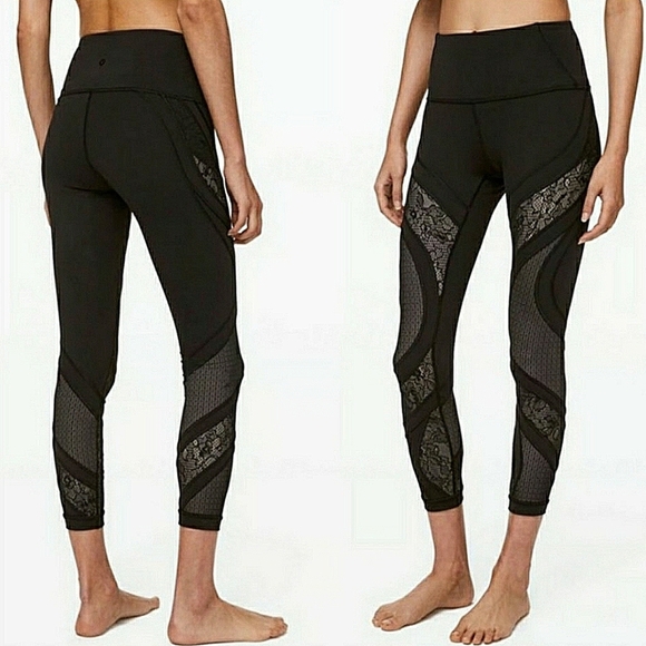 NWOT lululemon Wunder Under High Rise Leggings 25" Black Floral Lace Mesh Size 4 - Picture 1 of 16